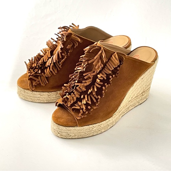 NWOT Castaner Open Toe Brown Suede Fringe Wedges Made In Spain Size 39 US 8 - Picture 6 of 14